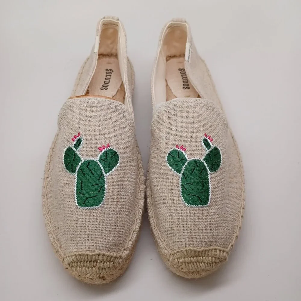 Soludos Espadrilles Cactus Embroidered Canvas Cap-Toe Slip on Flats Size 9.5 NEW